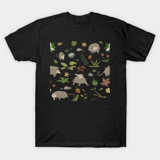 Possums in a Berry Field Pattern on White T-Shirt